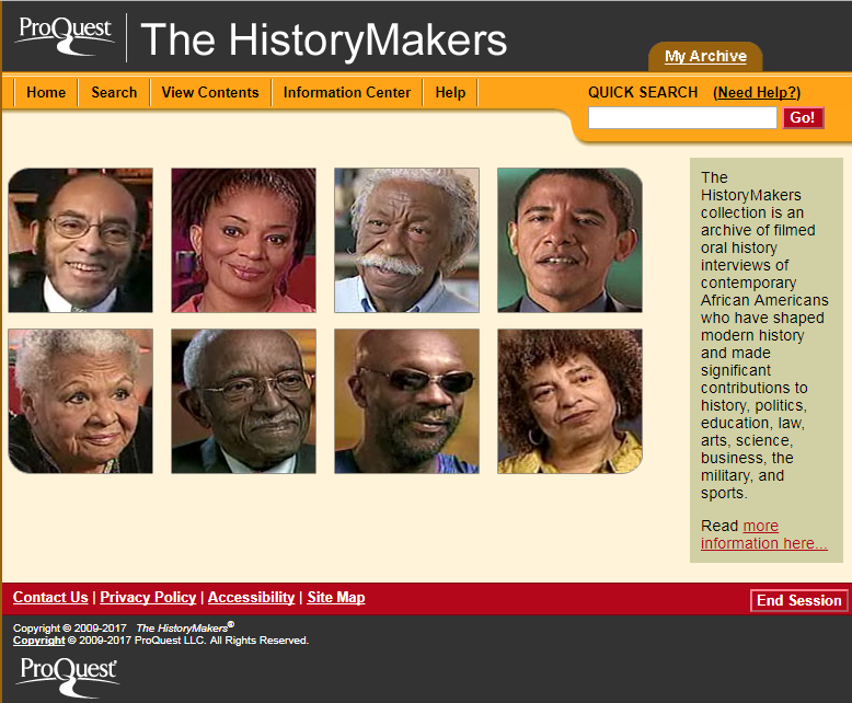 Homepage of The HistoryMakers website with images of prominent African Americans